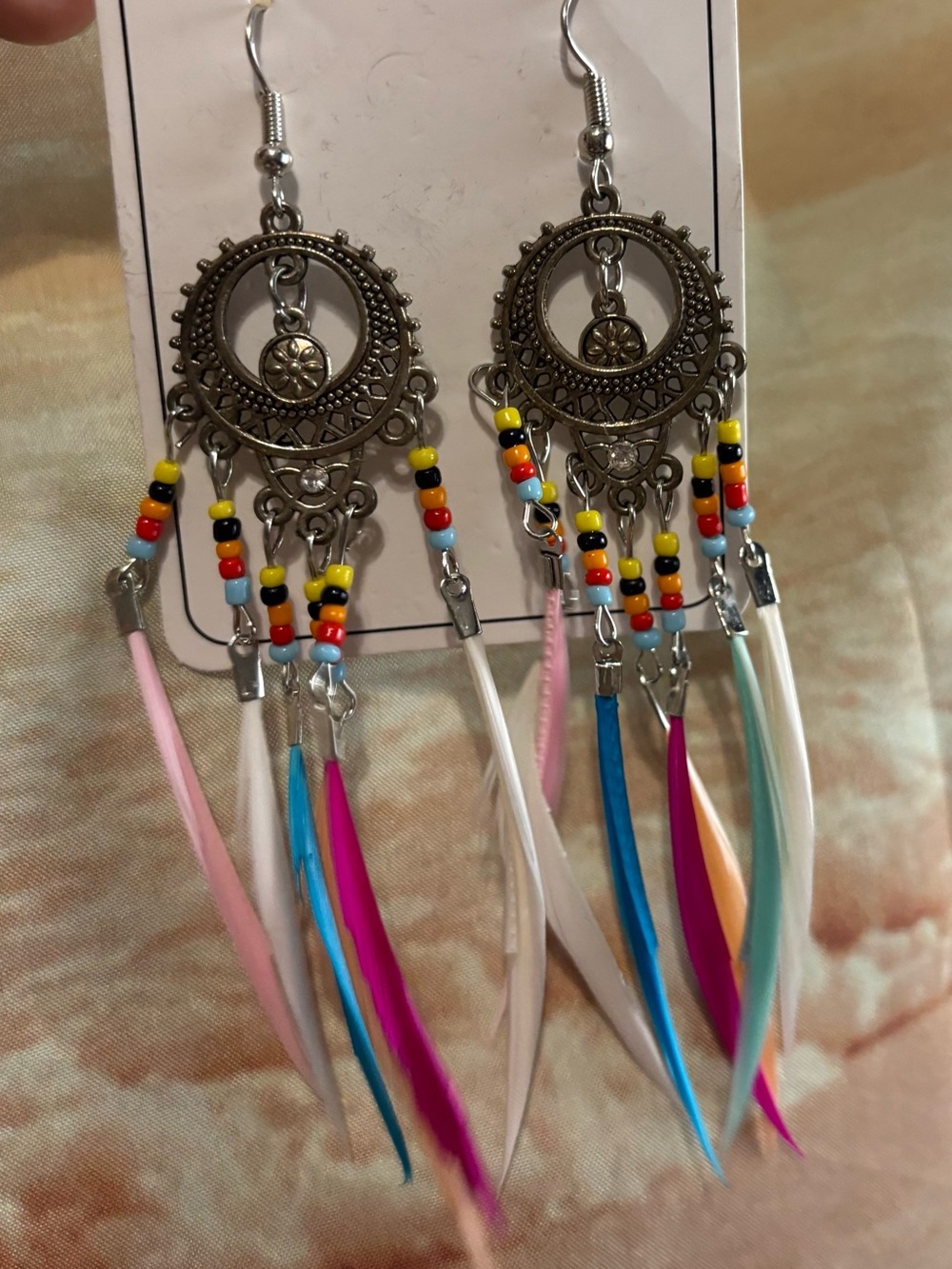 Boho Multi-Color Feather Dangle Earrings - Picture 3 of 3